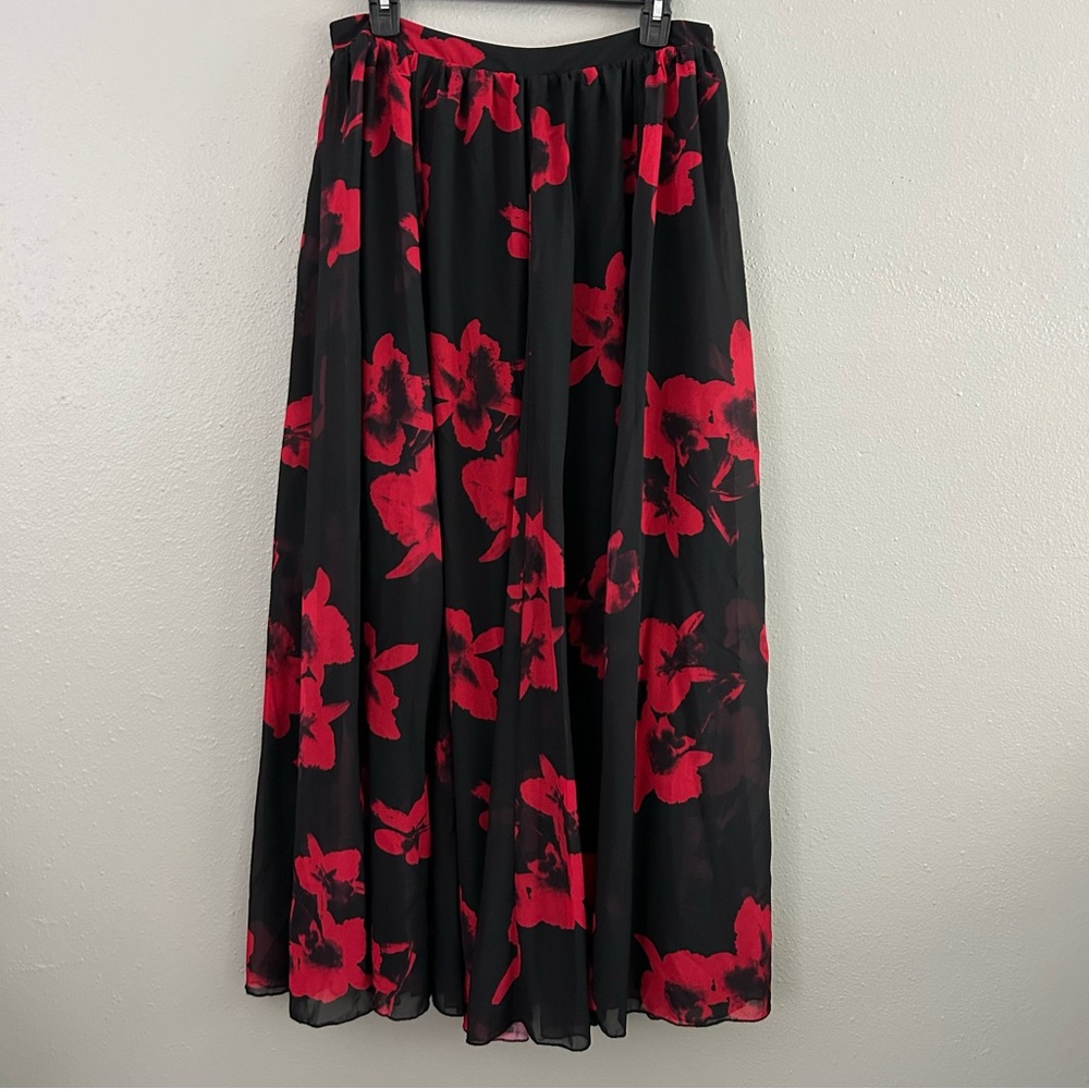 Venus Maxi Skirt Women’s Large Black Red Floral Flowy Layered Chiffon Whimsigoth